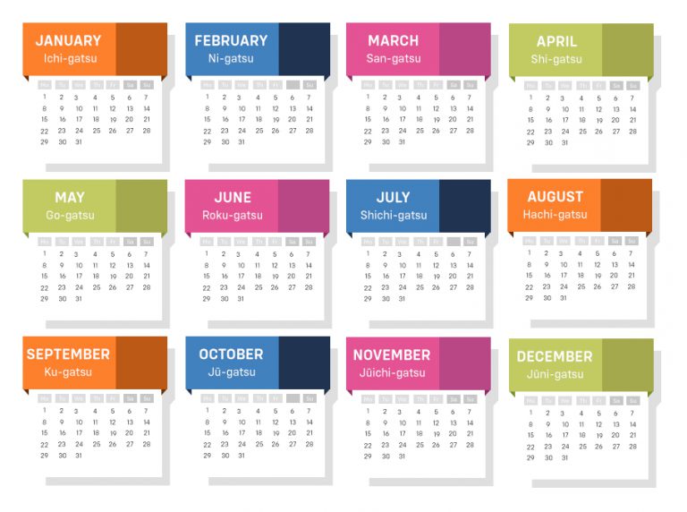 Dates, Days and Months in Japanese Language with Calendar Template